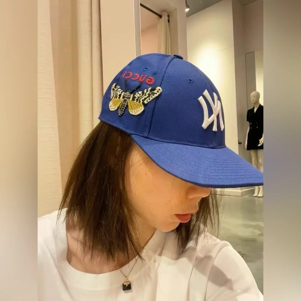 Authentic Gucci x NFL Yankees Butterfly Embroidered Baseball Cap Hat Blue NWT